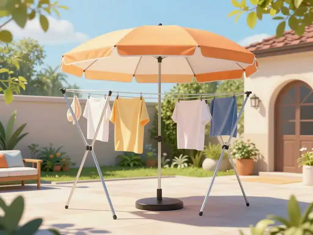 séchoir parapluie Lidl dans un jardin, linge suspendu, structure ouverte