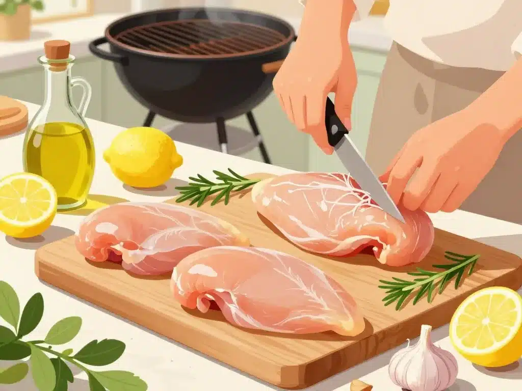 préparation filet de poulet au barbecue sur planche avec ingrédients