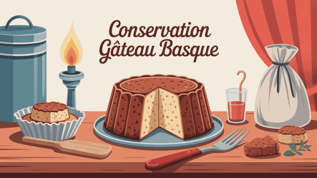 Illustration conservation gateau basque sur table avec accessoires