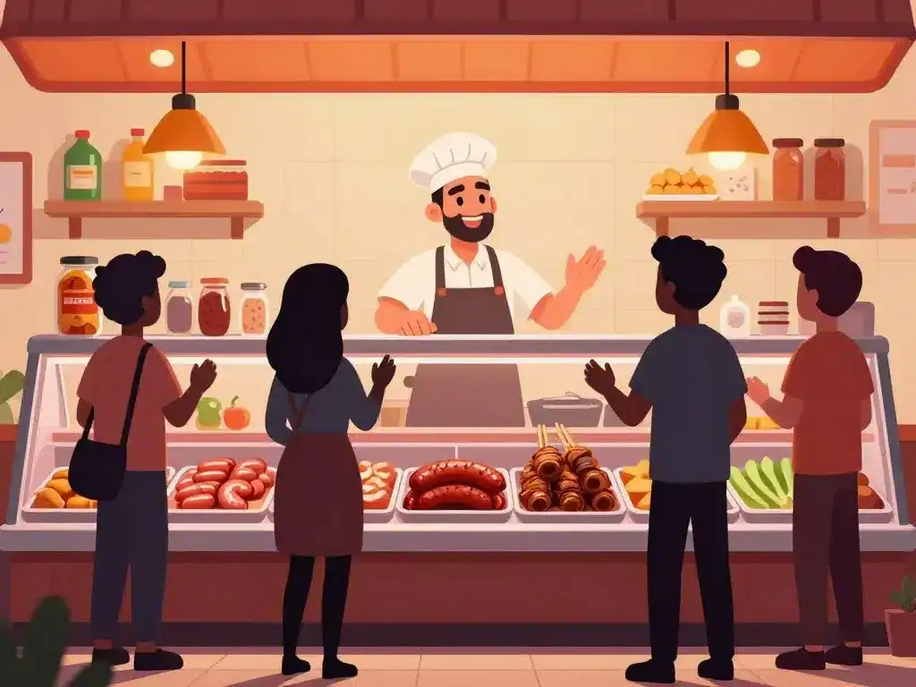 Scène expérience client spécialités boucherie halal Saint Cyprien