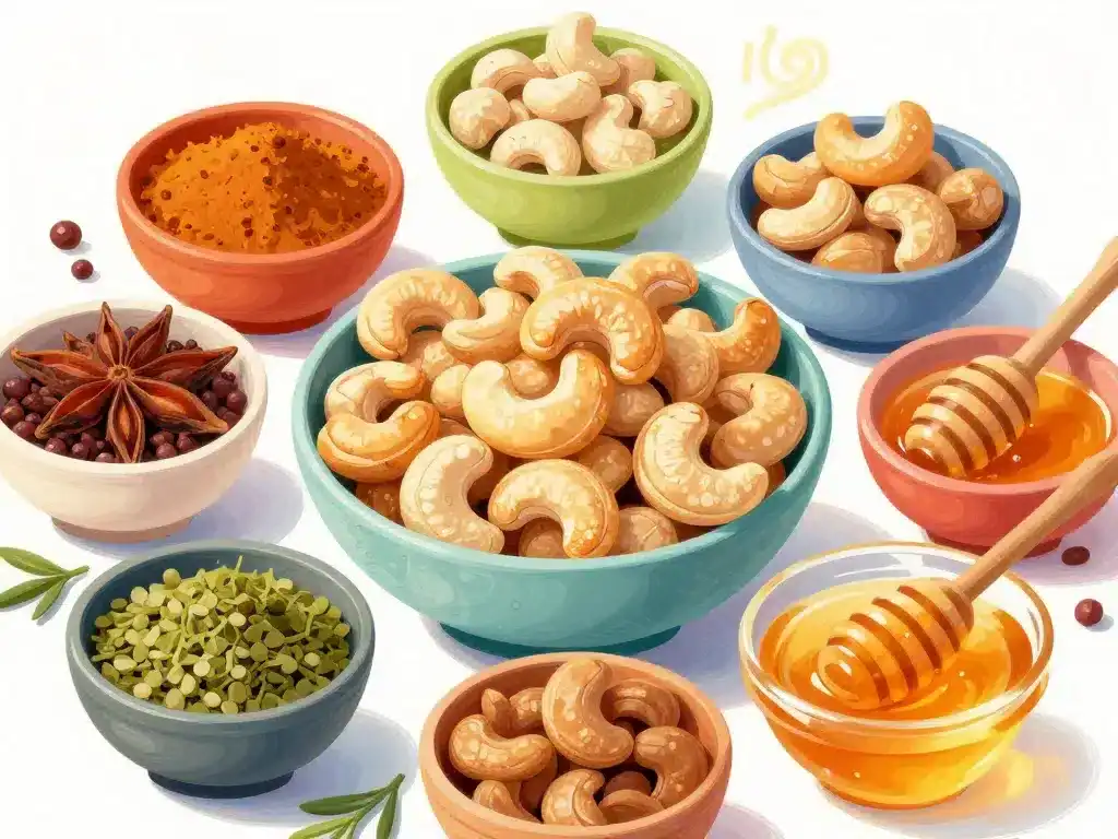 Griller des noix de cajou avec épices, herbes et miel