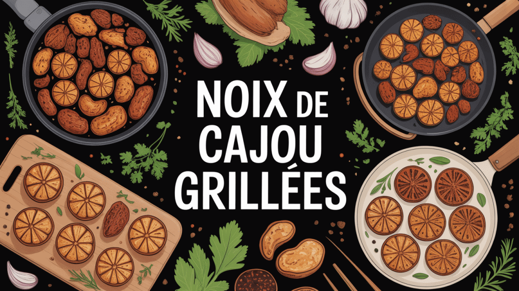 Griller des noix de cajou, assiette appétissante avec ustensiles et épices