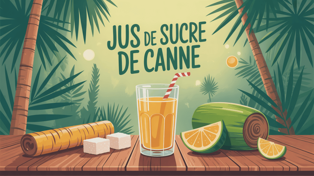 Jus de sucre de canne doré entouré de tiges fraîches