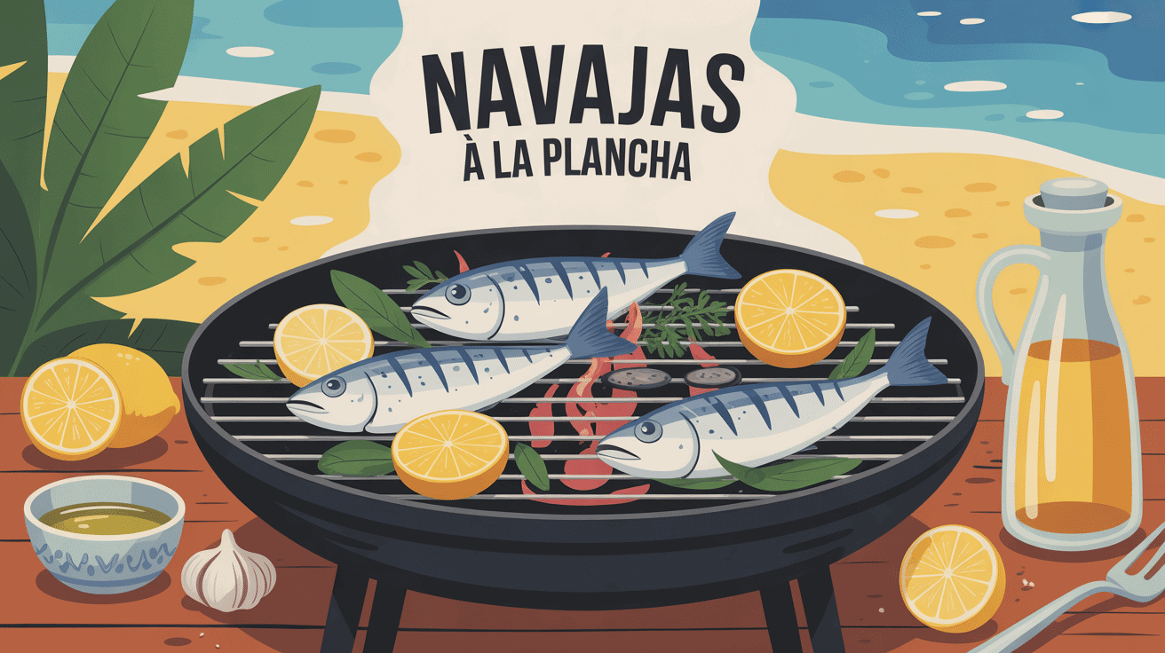 navajas a la plancha grillés sur plancha ambiance méditerranéenne