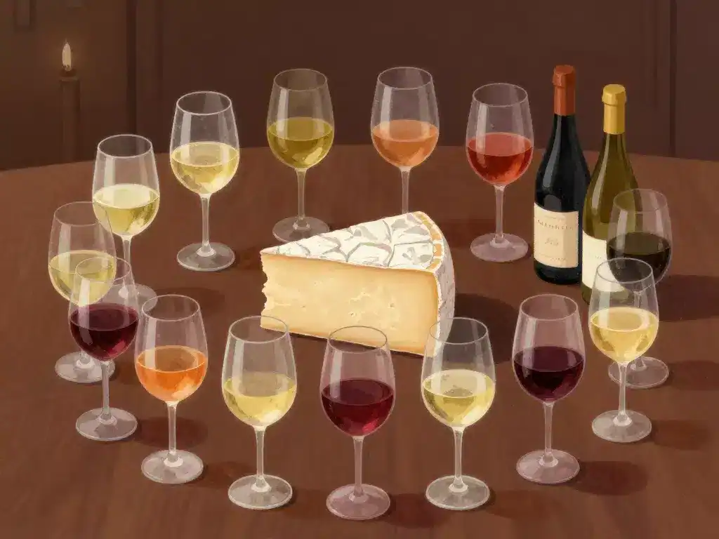 Cercle de vins autour d'un mont d'or pour illustrer quel vin avec mont d'or