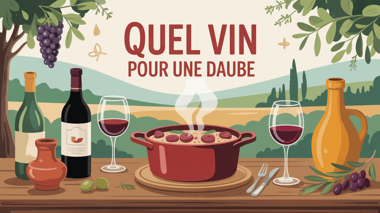 Quel vin pour une daube avec table rustique, vin rouge et cocotte
