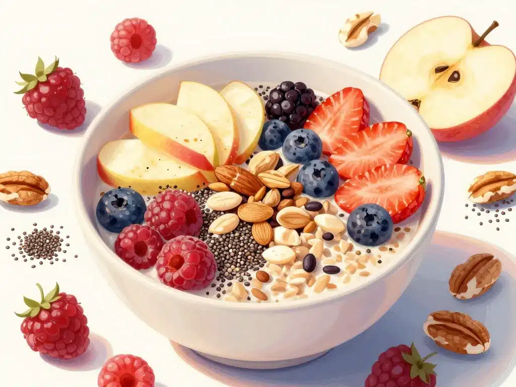 Bol de recette overnight oats customisé aux fruits, graines et noix