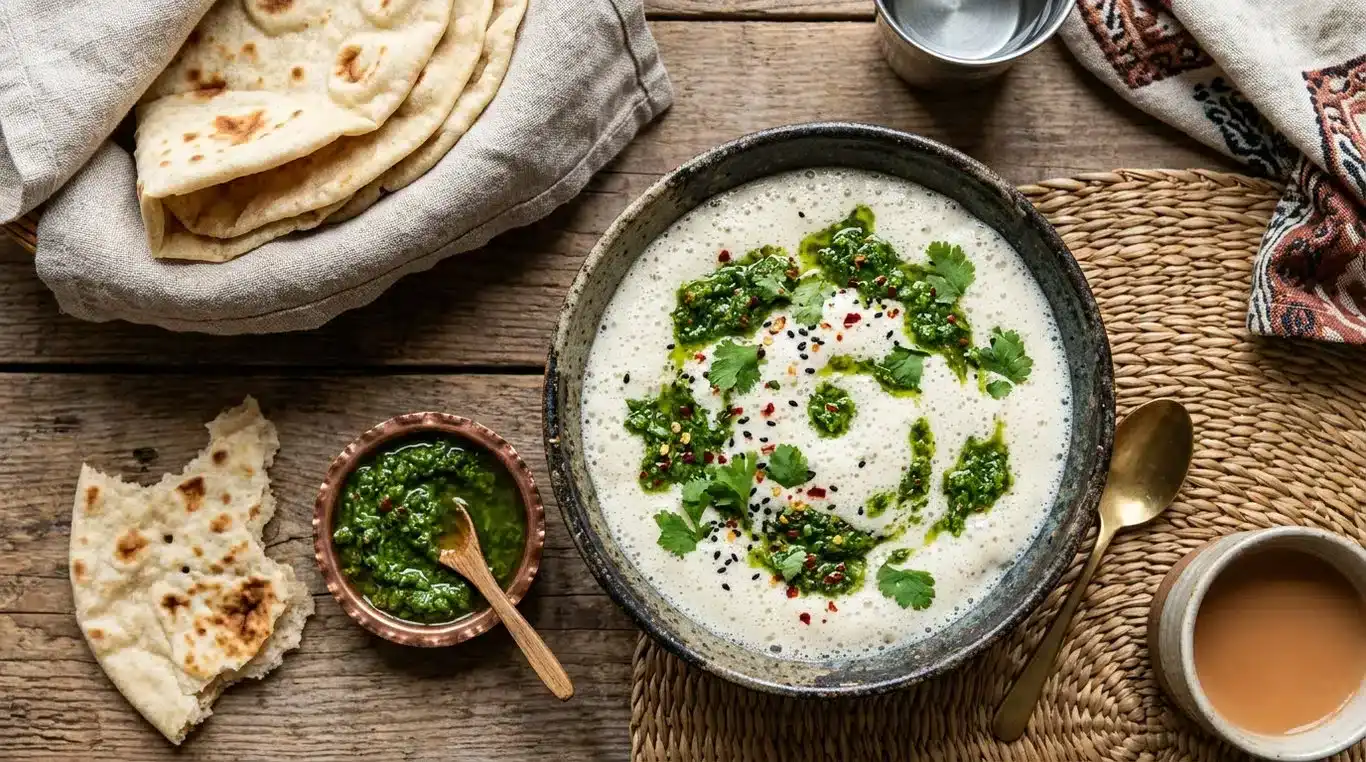 Bol de sauce Hilba traditionnelle yéménite avec sa garniture verte aux herbes