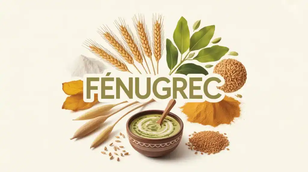 illustration fenugrec graines poudre feuilles et sauce hilba