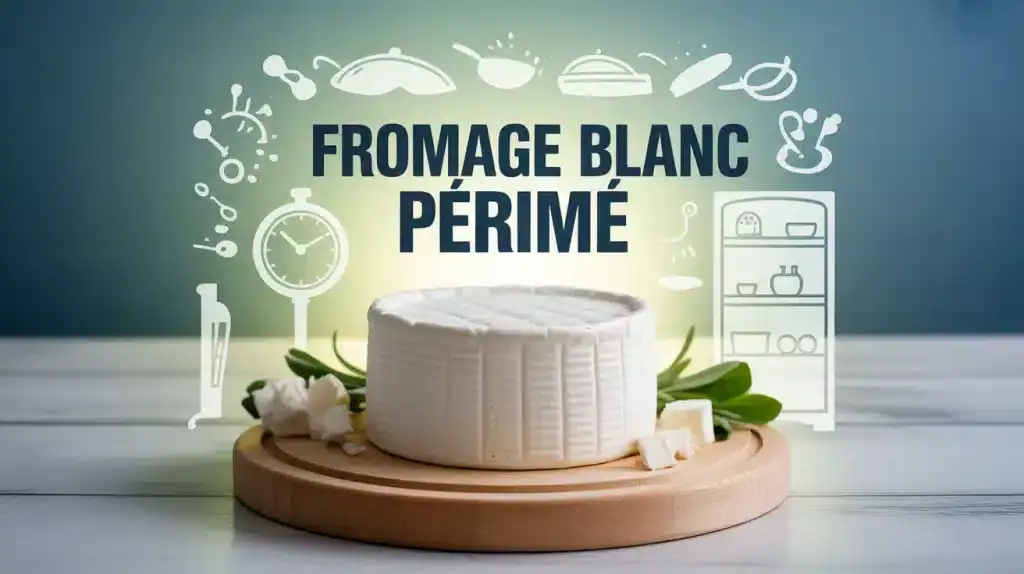 Pot de fromage blanc périmé avec horloge et icônes sécurité alimentaire