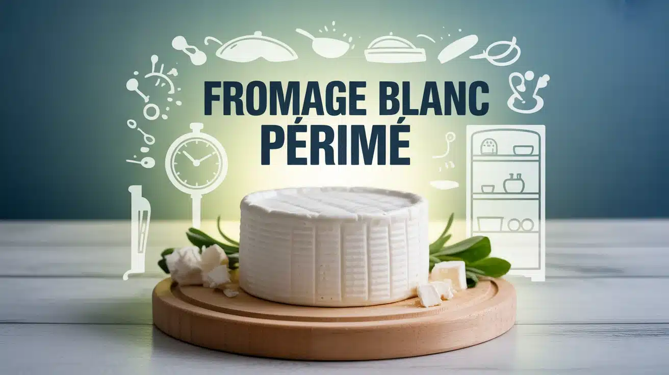 Pot de fromage blanc périmé avec horloge et icônes sécurité alimentaire
