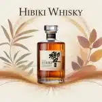 Bouteille de Hibiki whisky avec feuilles de chêne Mizunara et vagues abstraites