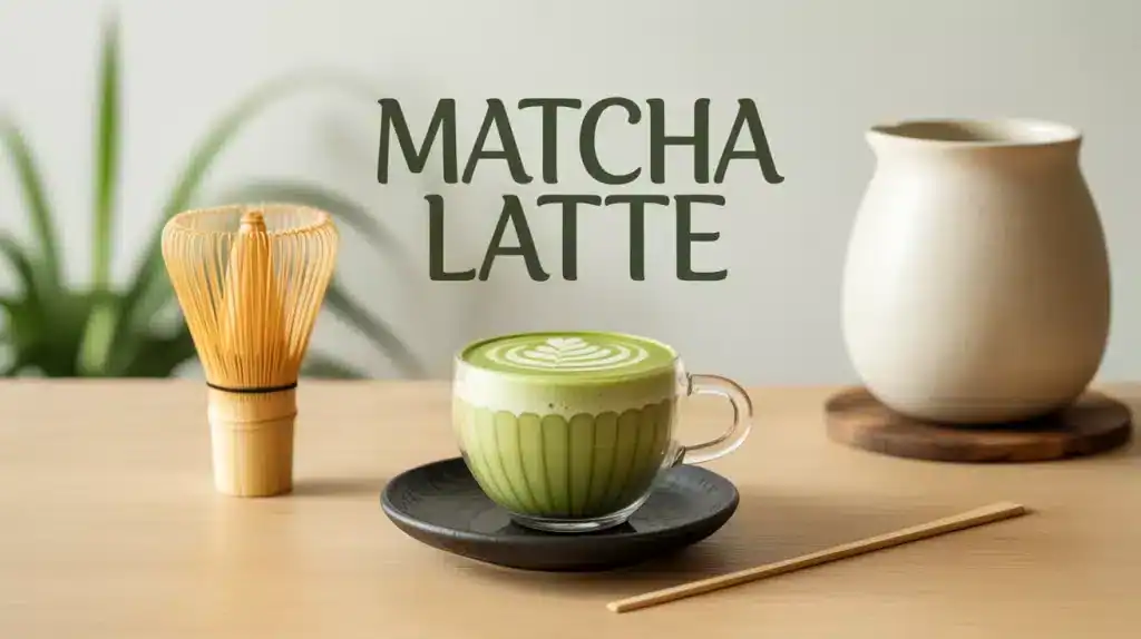Tasse de matcha latte avec mousse verte onctueuse et fouet en bambou