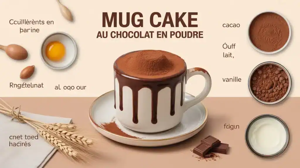 Mug cake au chocolat en poudre dans une tasse blanche avec ingrédients