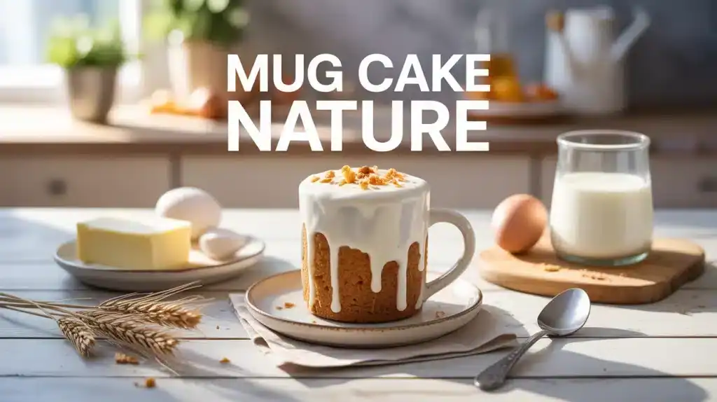 mug cake nature moelleux dans une tasse blanche sur table en bois