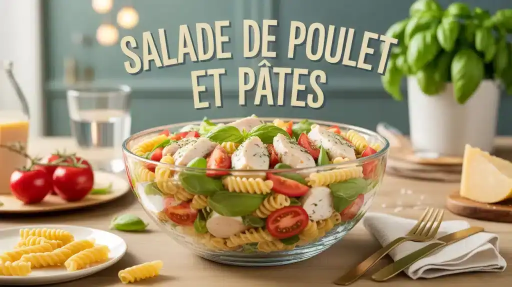 Salade de poulet et pâtes avec tomates cerises et basilic dans un saladier transparent