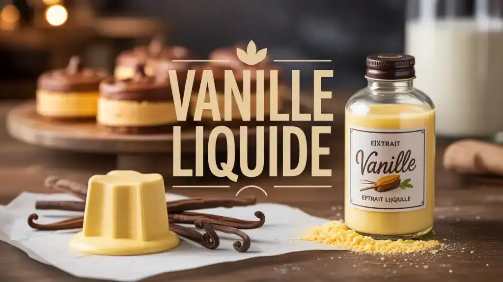 Flacon de vanille liquide avec gousses et pâtisseries en arrière-plan