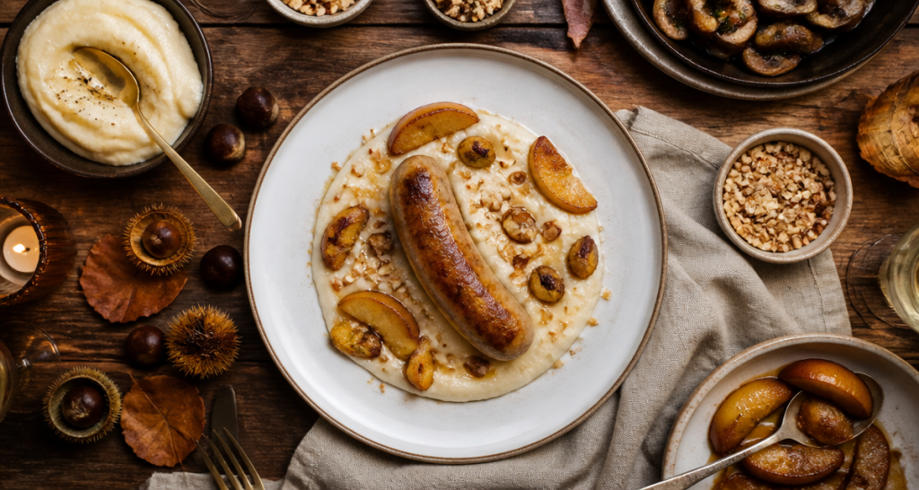 Boudin blanc poêlé et sa mousseline de panais aux éclats de châtaignes