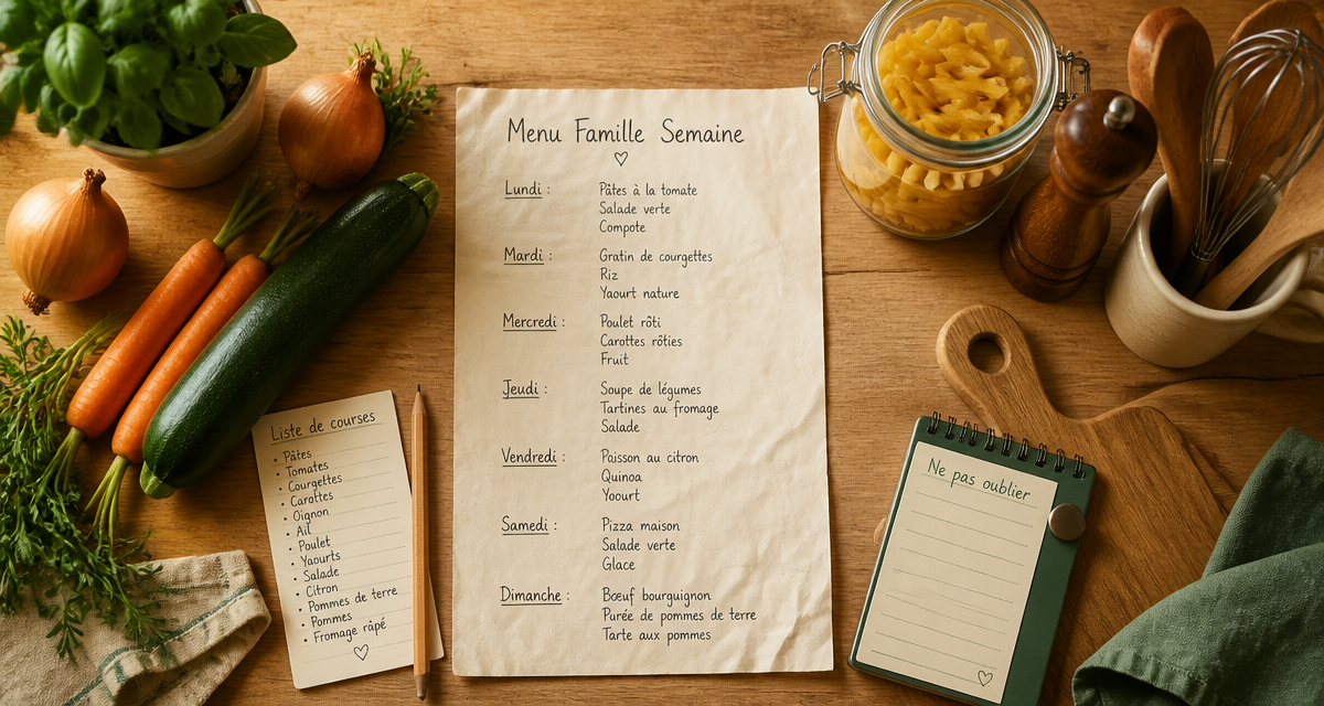 menu famille semaine sur table avec légumes et liste
