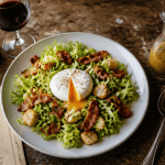 Salade lyonnaise avec œuf poché et croûtons dorés