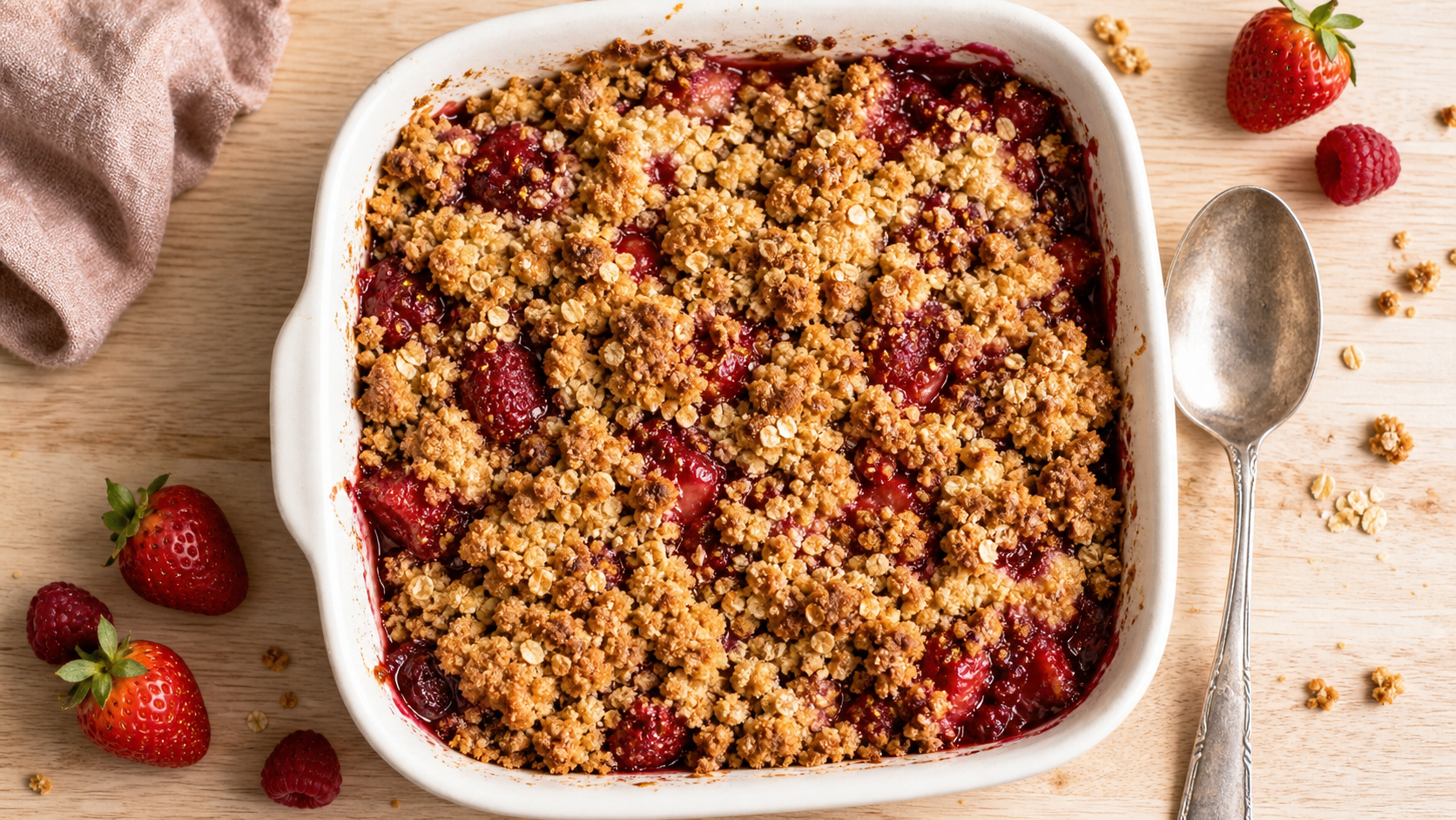 Crumble fraise framboise croustillant, fruits fondants