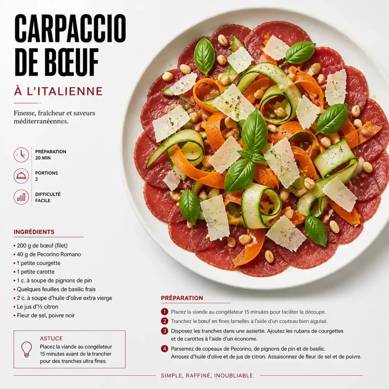 Carpaccio de bœuf Jardin d'été avec ses légumes croquants et copeaux de fromage, une idée d'accompagnement raffinée.