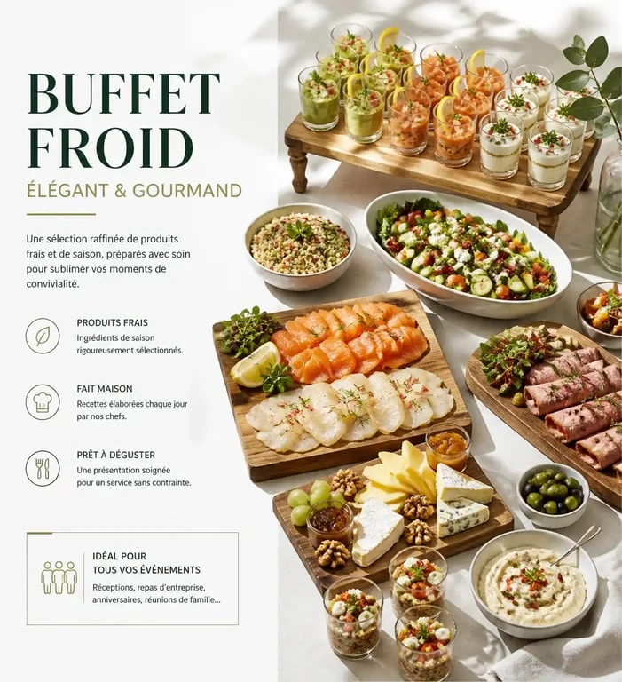 Buffet froid convivial pour un repas entre amis avec salades, verrines et produits frais