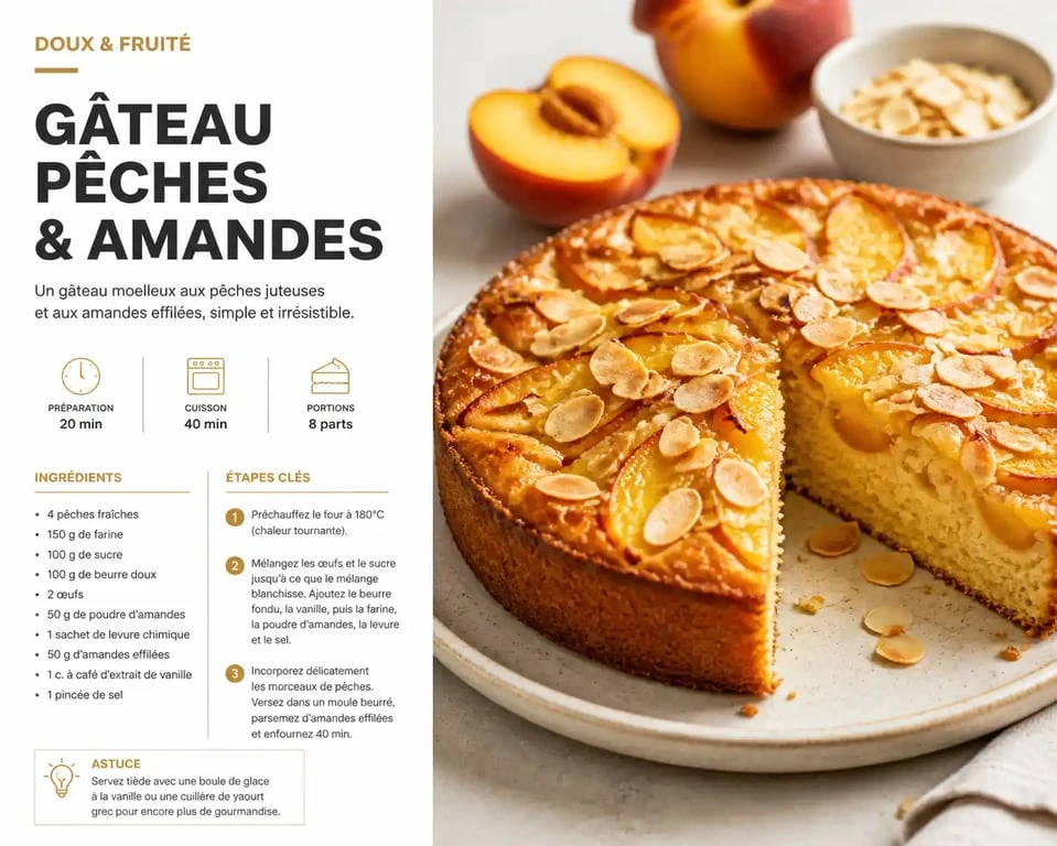Gâteau moelleux aux pêches et amandes, une recette de dessert aux pêches gourmande et facile.