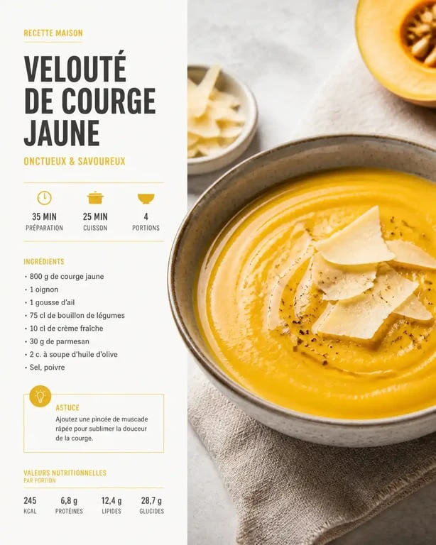 Velouté de courge jaune au parmesan, une recette simple et savoureuse.