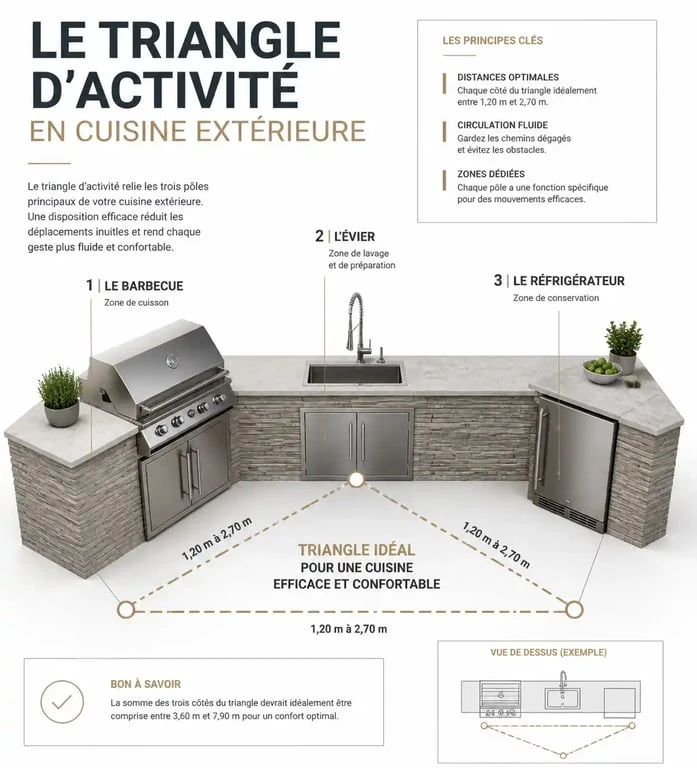 Schéma ergonomique du triangle d'activité pour une cuisine extérieure avec barbecue, évier et réfrigérateur.