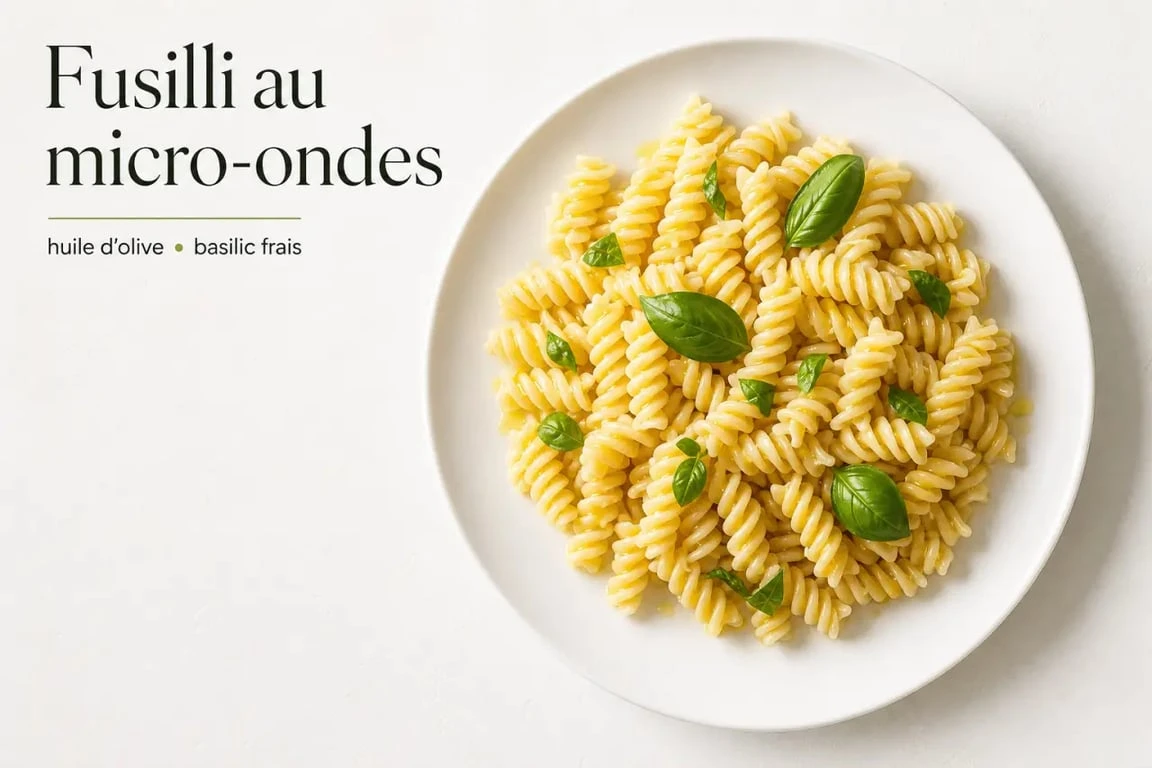 Assiette de pâtes cuites au micro-ondes avec huile d'olive et basilic