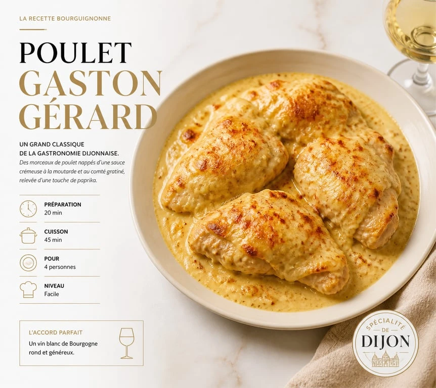 Poulet Gaston Gérard façon Cyril Lignac, recette traditionnelle bourguignonne avec sauce moutarde et comté gratiné