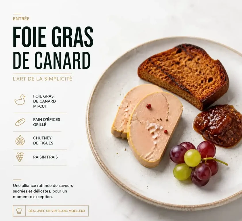 Assiette de foie gras avec accompagnements : pain d'épices, chutney de figues et fruits frais pour une dégustation réussie