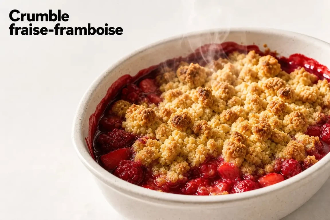 Crumble fraise framboise maison doré et croustillant dans un plat