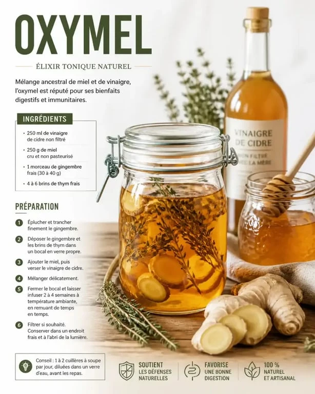 Recette d'oxymel maison avec miel, vinaigre de cidre et plantes médicinales