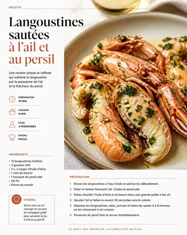 Langoustines surgelées sautées à l'ail et au citron vert, prêtes à être dégustées