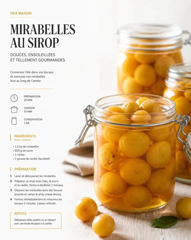 Bocaux de mirabelles au sirop sans stérilisation, prêts pour la conservation hivernale