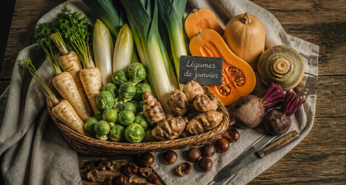 légumes de saison janvier sur table rustique