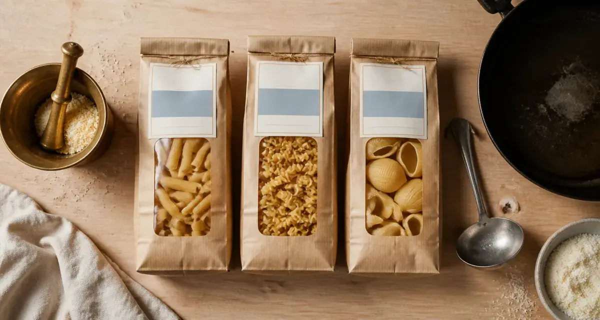 Pâtes italiennes marques artisanales vs industrie sur table bois, mortier et pecorino