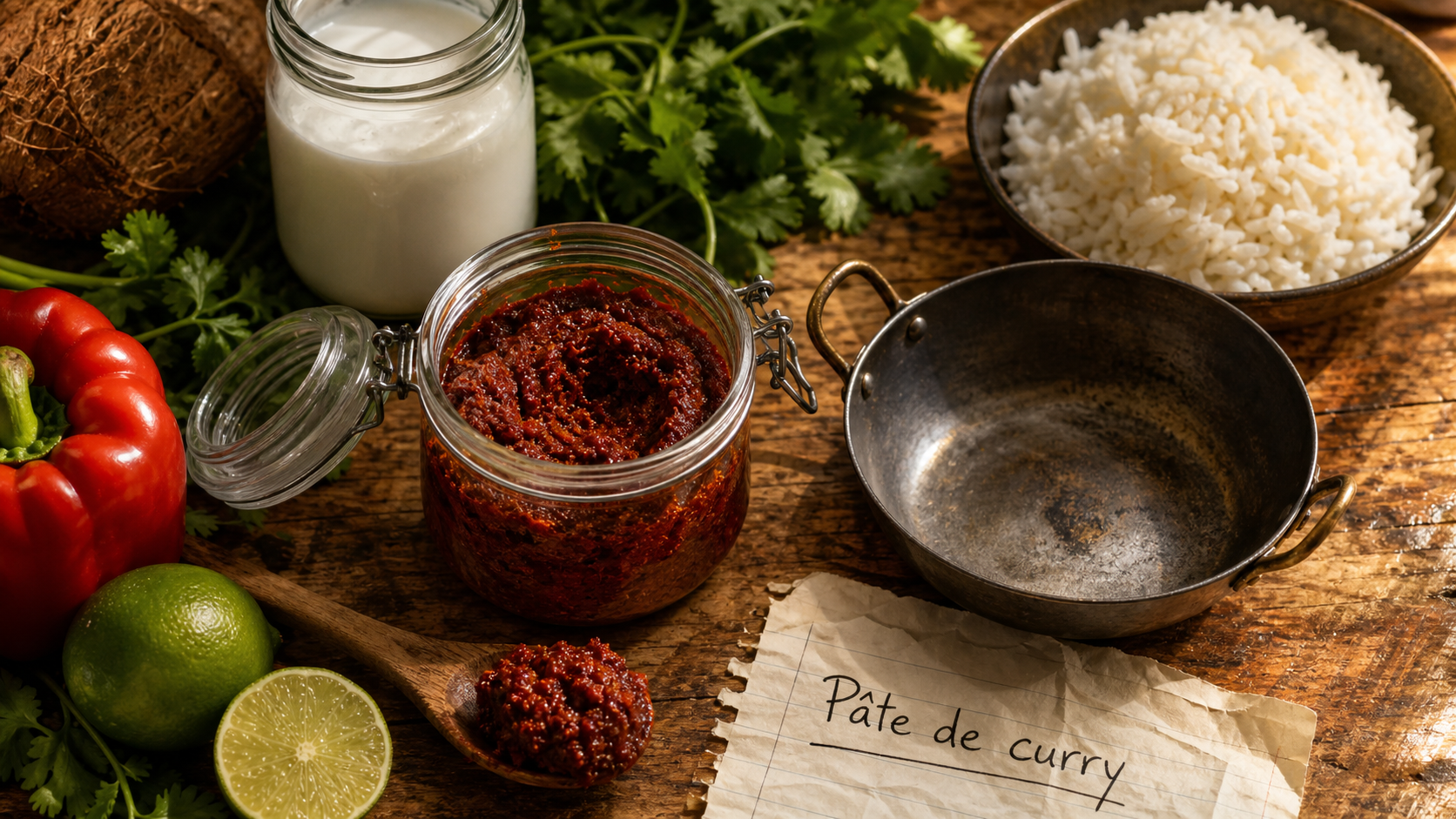 Recette avec pate de curry : pâte rouge maison et ingrédients sur planche bois