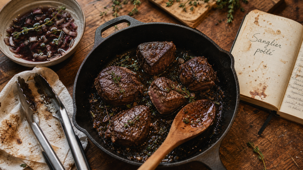 Sanglier à la poêle : 12 h de marinade, saisie courte et repos pour une viande tendre