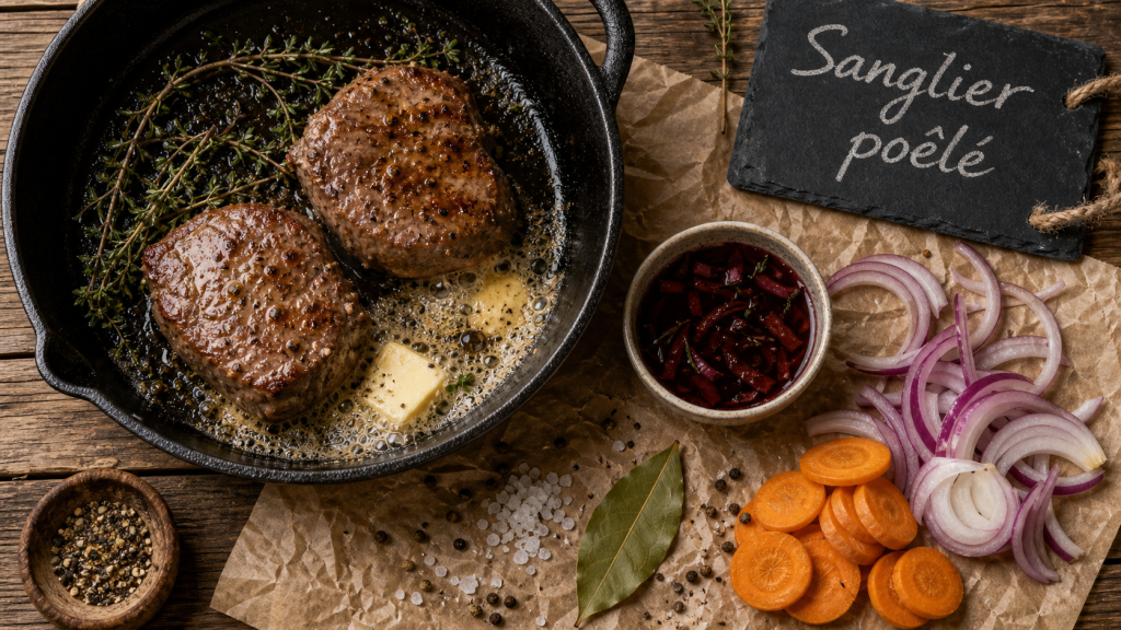 Sanglier à la poêle : 12 h de marinade, saisie courte et repos pour une viande tendre