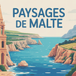 illustration malte paysage vue falaises criques collines villages