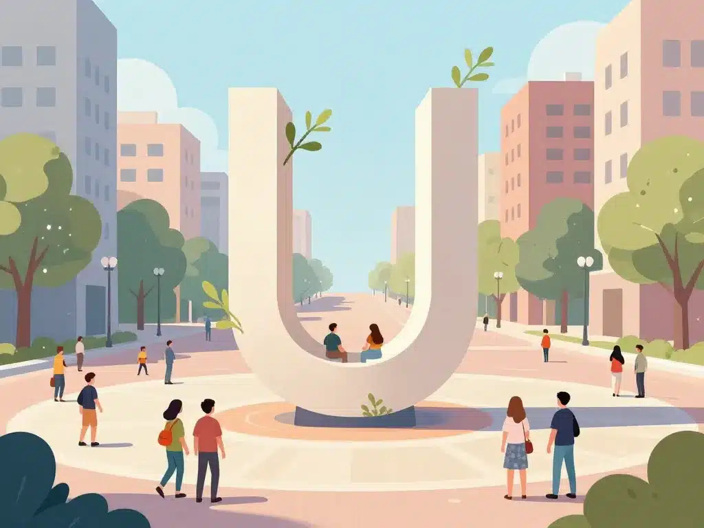 monument en u et usagers dans un espace public