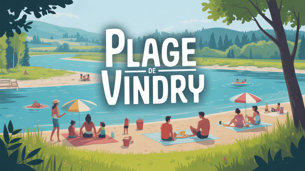 Vue paisible plage de Vindry, rivière et familles en été