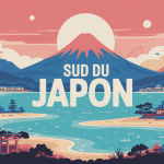 Illustration vectorielle sud japon paysages volcans plages temples