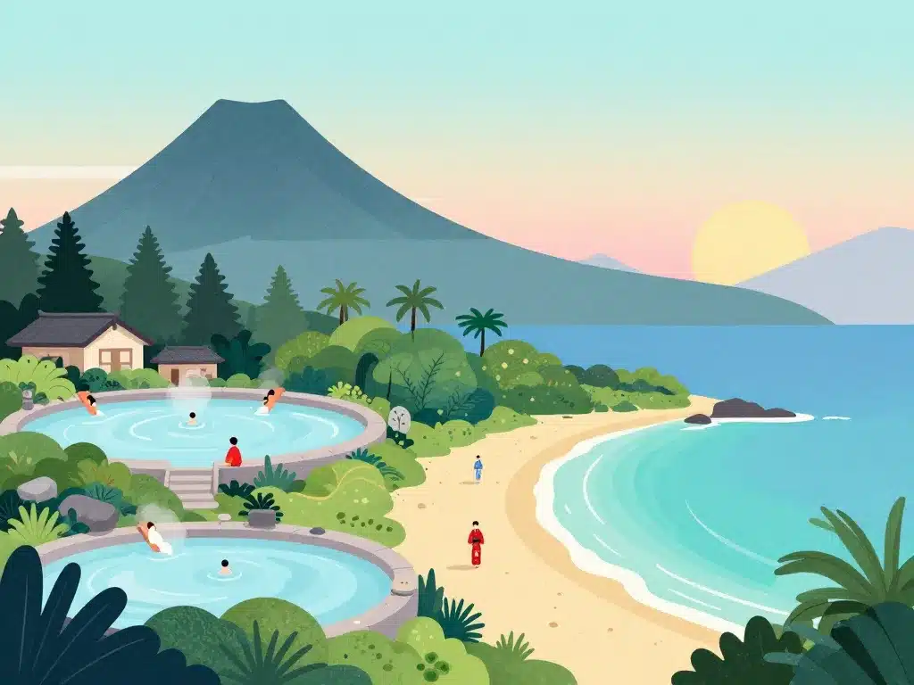 Sud japon plage onsen volcans maisons traditionnelles