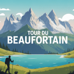 Illustration panoramique du tour du Beaufortin avec randonneurs et sommets alpins