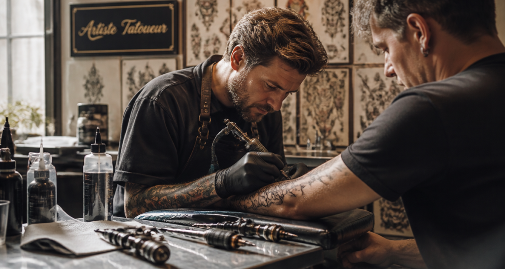 artiste tatoueur réalisant un tatouage