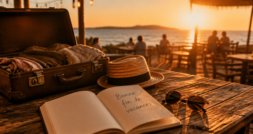 bonnes fins de vacances valise chapeau coucher de soleil